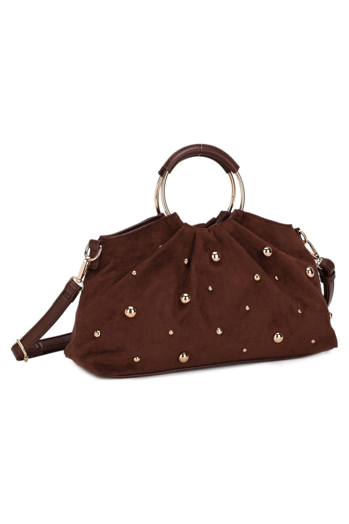 PA16785 Audrey Suede Studded Ring Handle Satchel - MiMi Wholesale