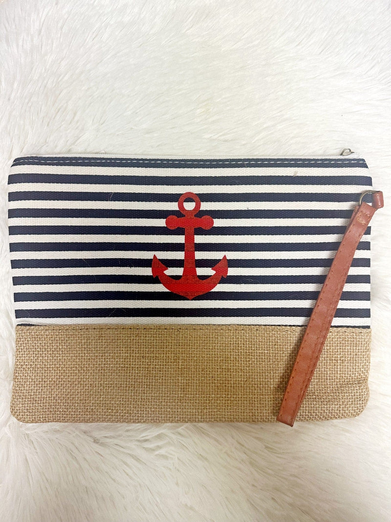 PB00263 Striped Nautical Pattern Jute Straw Pouch - MiMi Wholesale