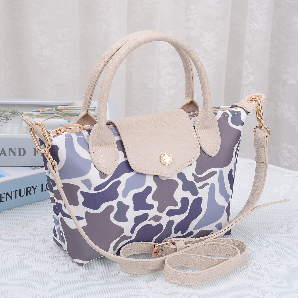 PP782 Amber Fashion Print Nylon Double Handle Crossbody Bag - MiMi Wholesale