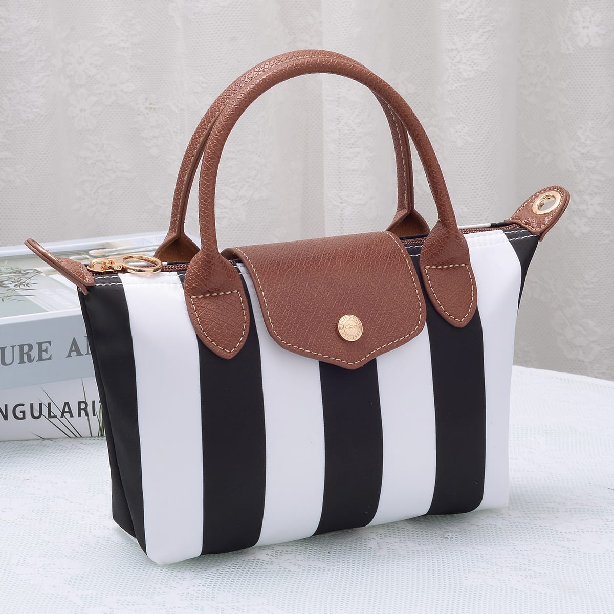 PP782S Riley Striped Nylon Double Handle Crossbody Bag - MiMi Wholesale