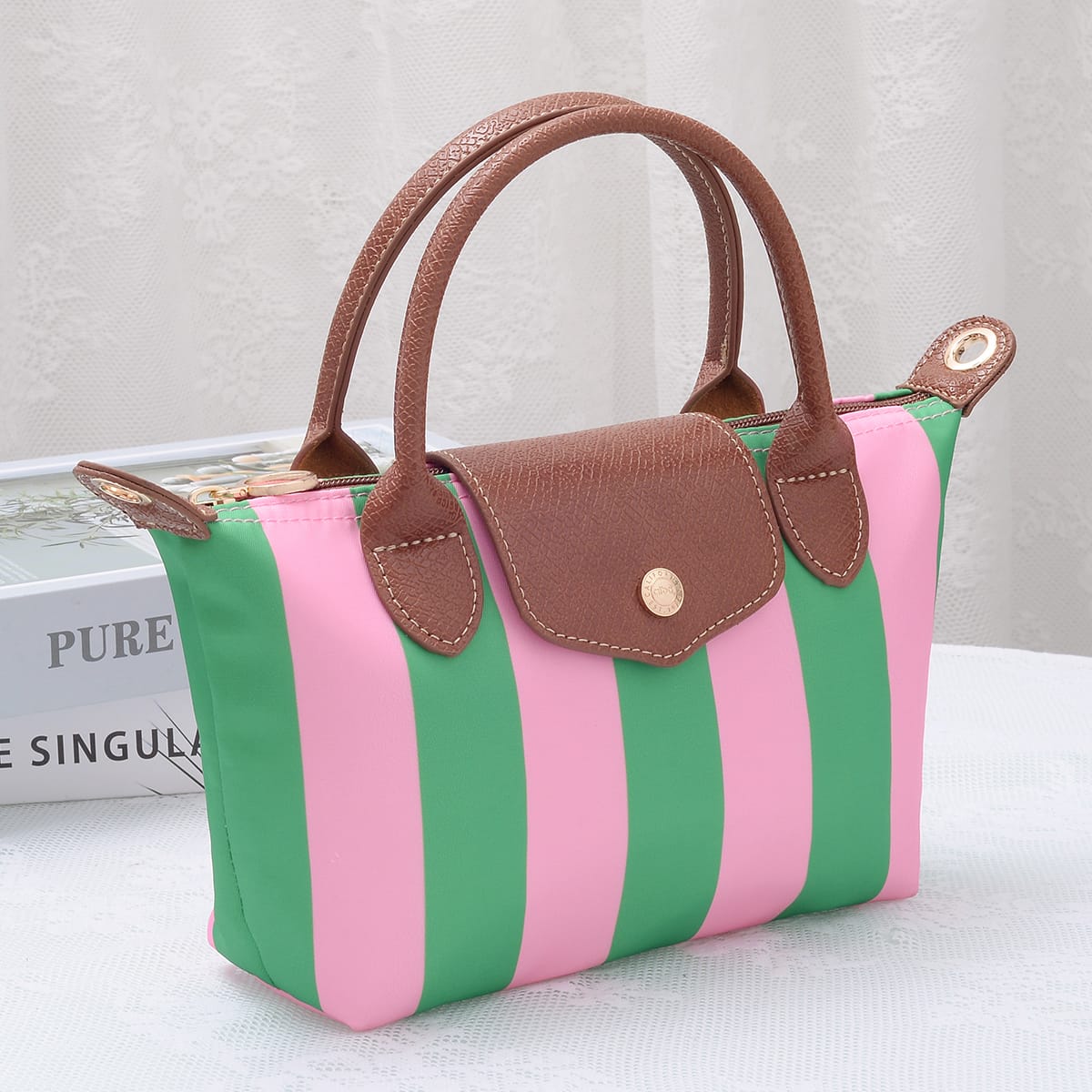 PP782S Riley Striped Nylon Double Handle Crossbody Bag - MiMi Wholesale