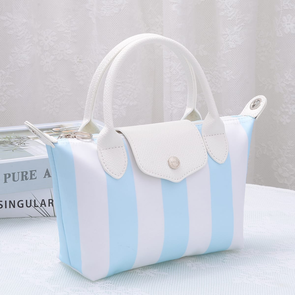 PP782S Riley Striped Nylon Double Handle Crossbody Bag - MiMi Wholesale