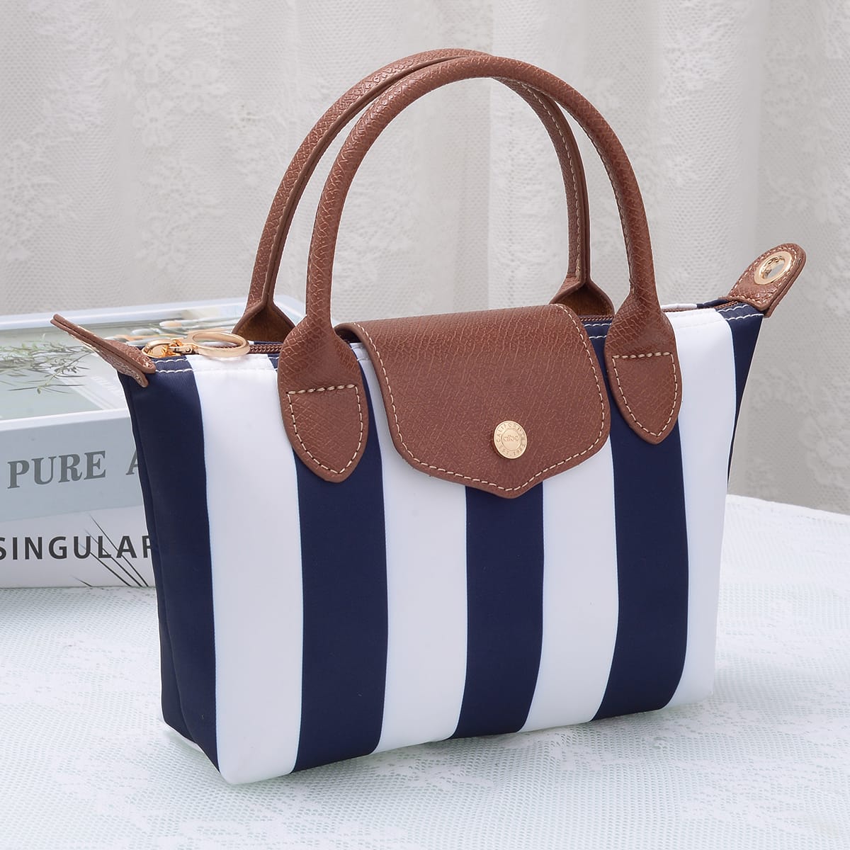 PP782S Riley Striped Nylon Double Handle Crossbody Bag - MiMi Wholesale