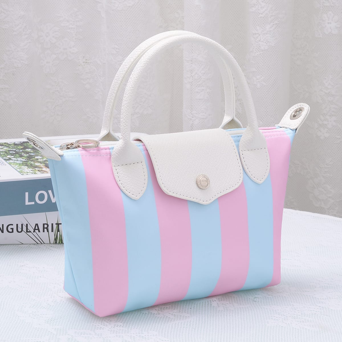 PP782S Riley Striped Nylon Double Handle Crossbody Bag - MiMi Wholesale