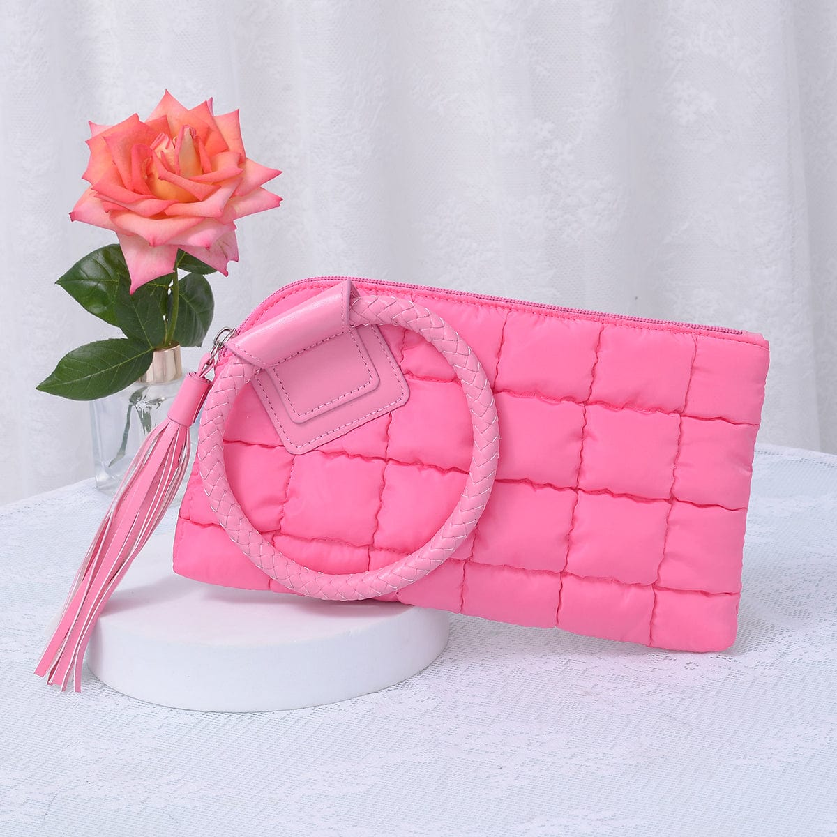 QP204 Quilted Puffer Wristlet/Clutch With Tassel - MiMi Wholesale