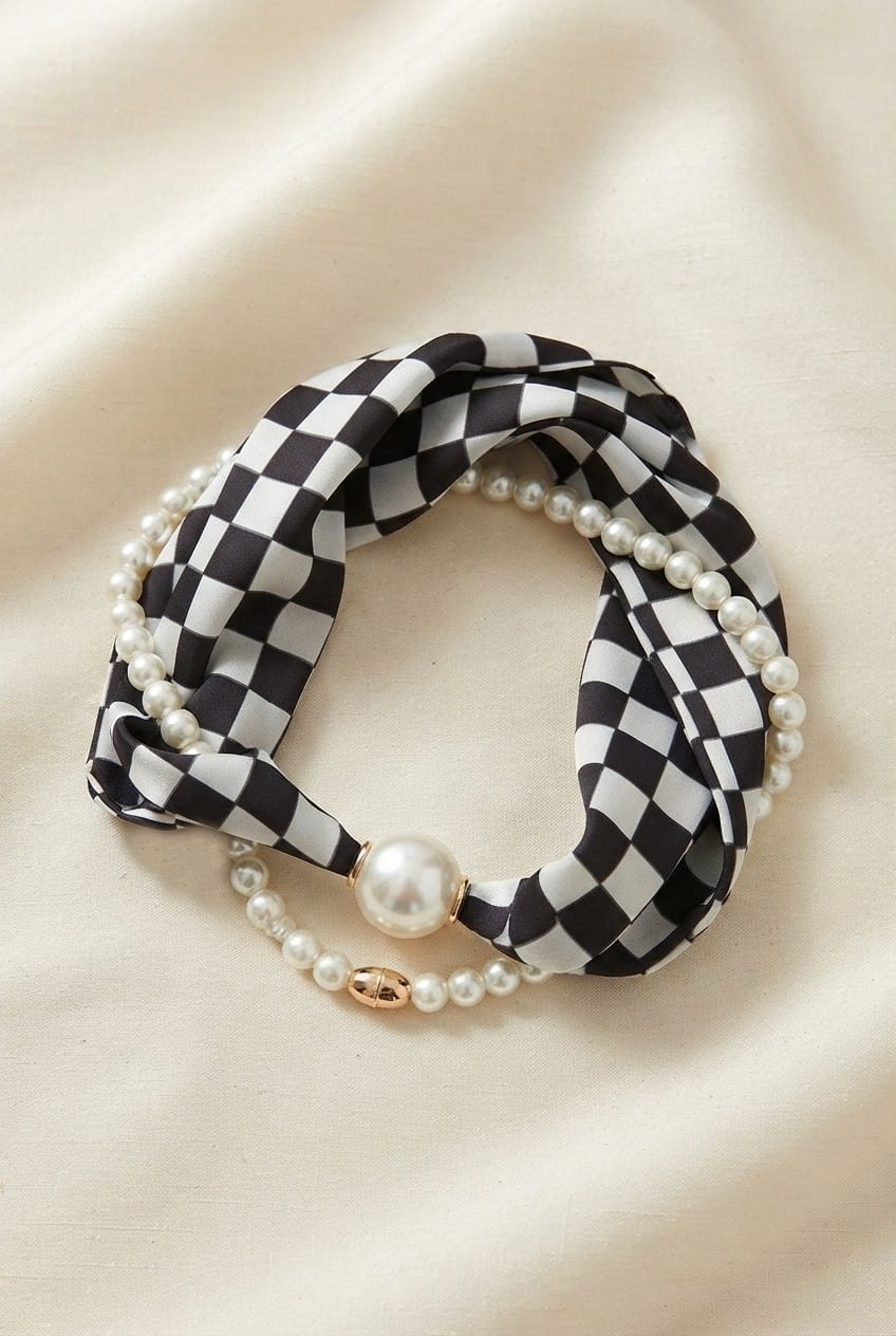 S5138 Checker Print Pearl Silk Scarf Necklace - MiMi Wholesale