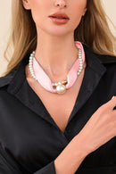 S5138 Checker Print Pearl Silk Scarf Necklace - MiMi Wholesale