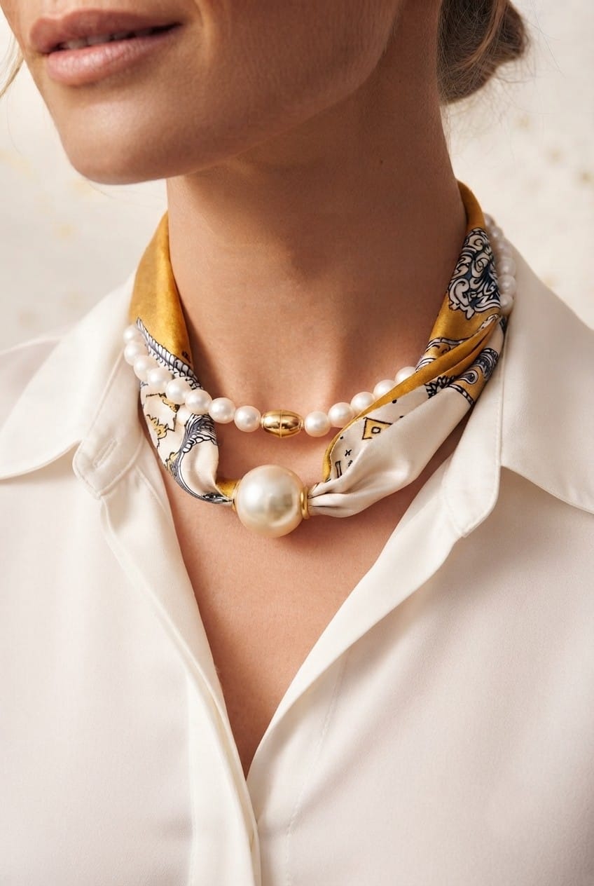 S5140 Pearl Silk Scarf Necklace - MiMi Wholesale