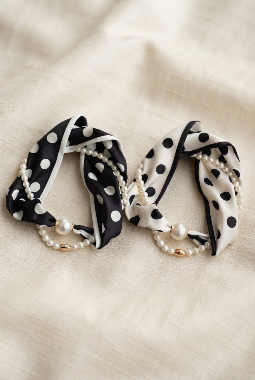 S5141 Polka Dot Print Pearl Silk Scarf Necklace - MiMi Wholesale