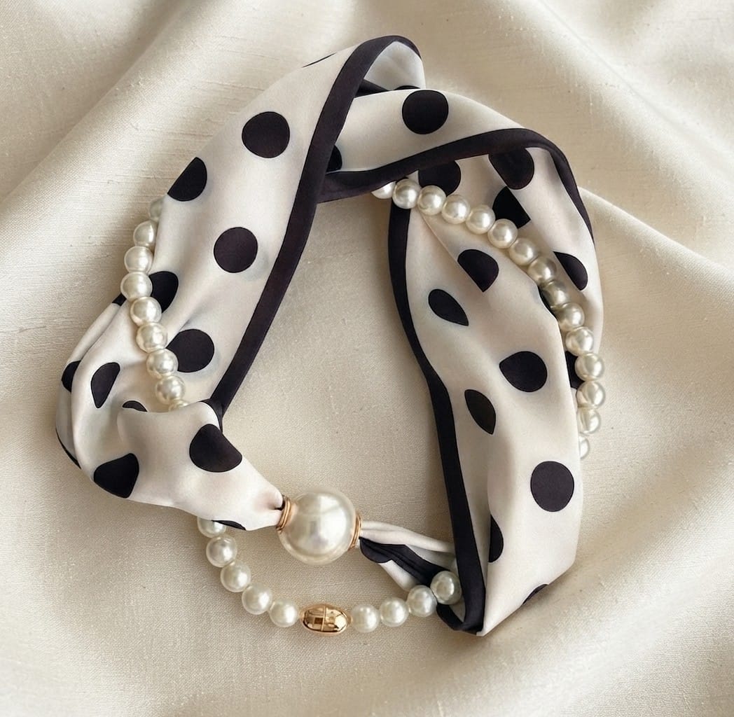 S5141 Polka Dot Print Pearl Silk Scarf Necklace - MiMi Wholesale