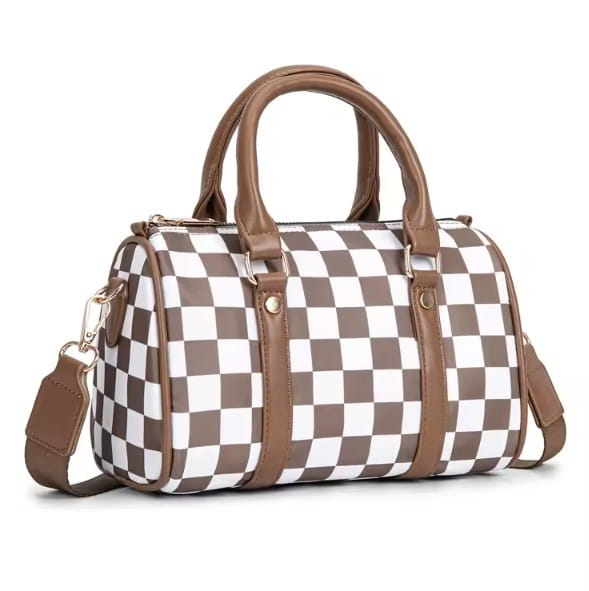 SF22407 Ella Nylon Checker and Solid Color Boston Bag - MiMi Wholesale