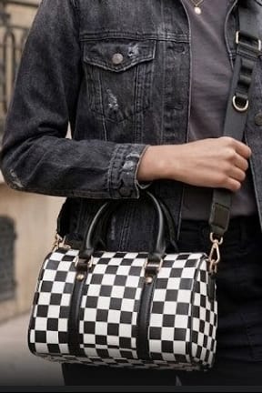 SF22407 Ella Nylon Checker and Solid Color Boston Bag - MiMi Wholesale