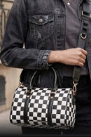 SF22407 Ella Nylon Checker and Solid Color Boston Bag - MiMi Wholesale