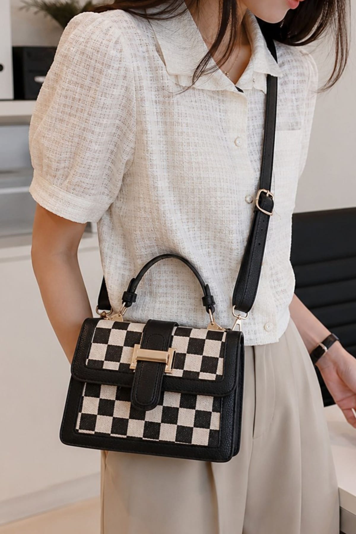 SF270014 Nora Checkered Top Handle Bag - MiMi Wholesale