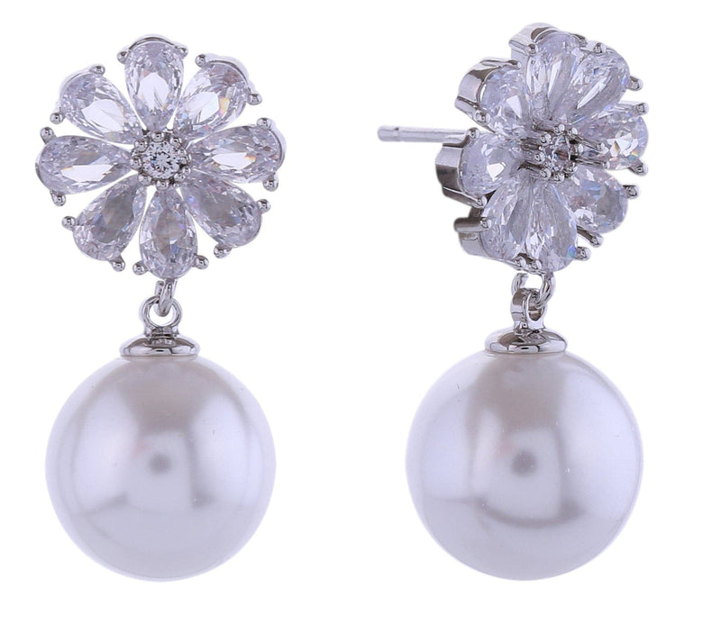 SJE310926 14K Flower Crystal Top Pearl Post Earrings - MiMi Wholesale