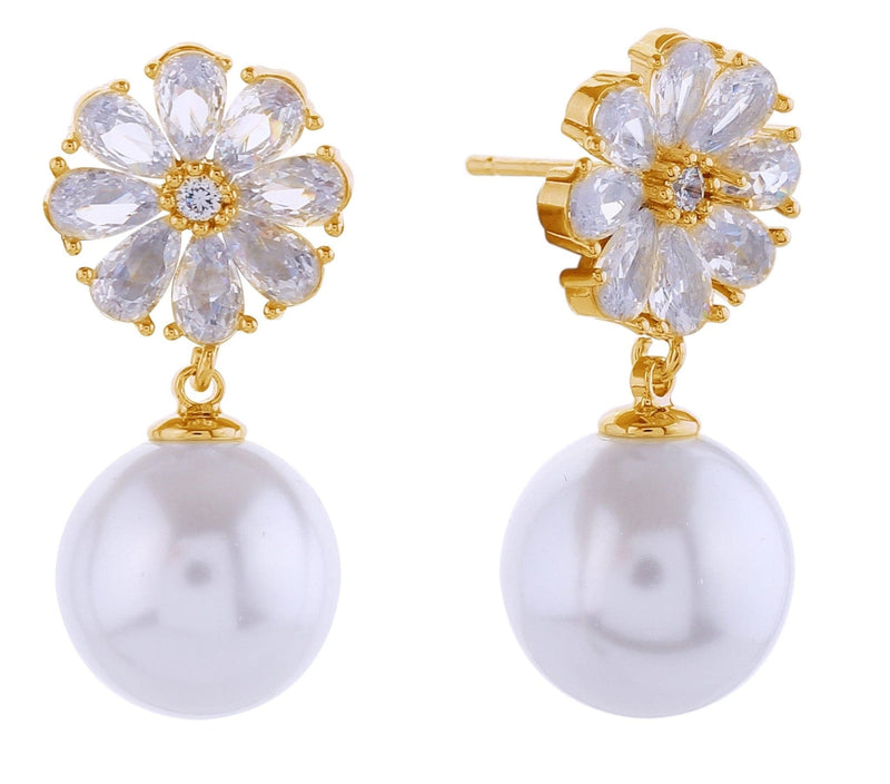 SJE310926 14K Flower Crystal Top Pearl Post Earrings - MiMi Wholesale