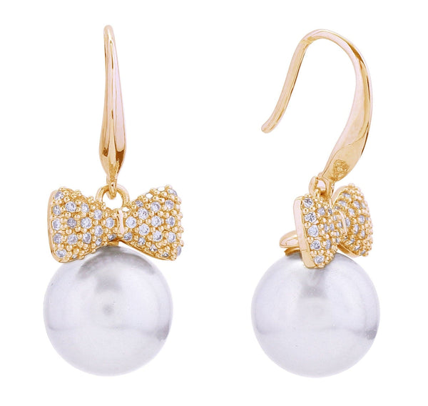 SJE310954 14K Bow Pearl Drop Post Earrings - MiMi Wholesale