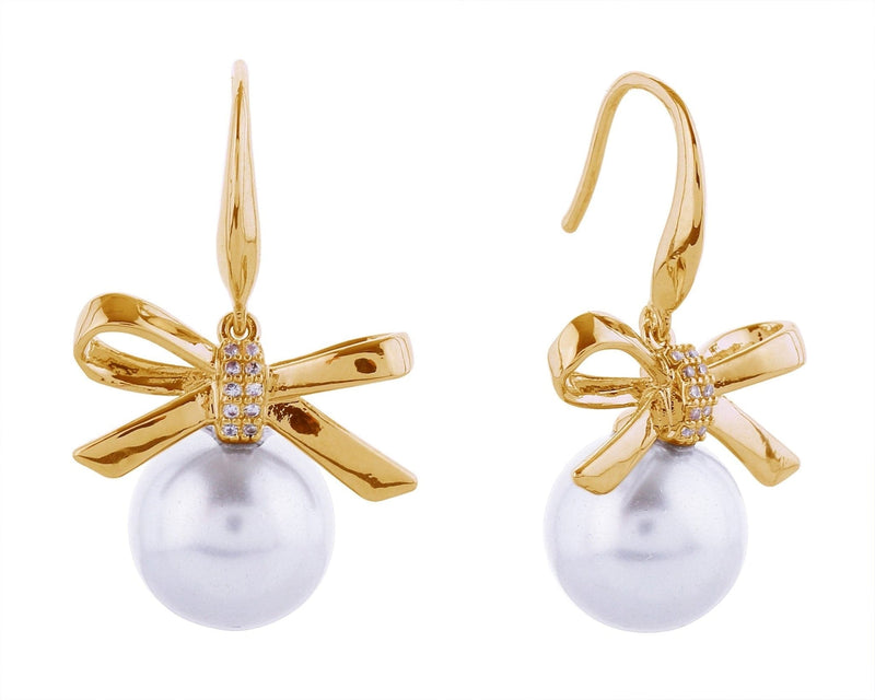 SJE310955 14K Ribbon Pearl Drop Post Earrings - MiMi Wholesale