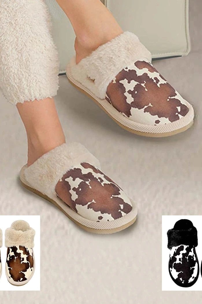 SPE0001 Cow Print Furry Slippers - MiMi Wholesale