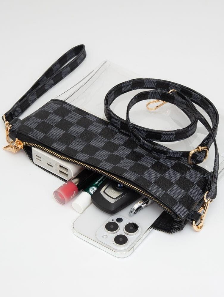 TG10692 Two Tone Checker Pattern Clear Gameday Crossbody Bag - MiMi Wholesale