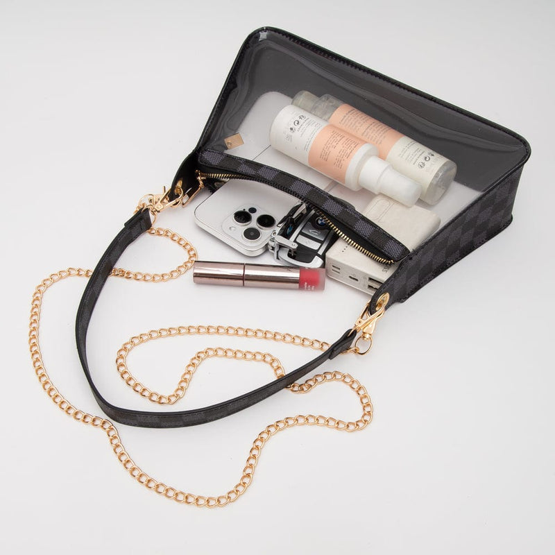 TG10754 Checker Clear Bag With Chain Strap - MiMi Wholesale