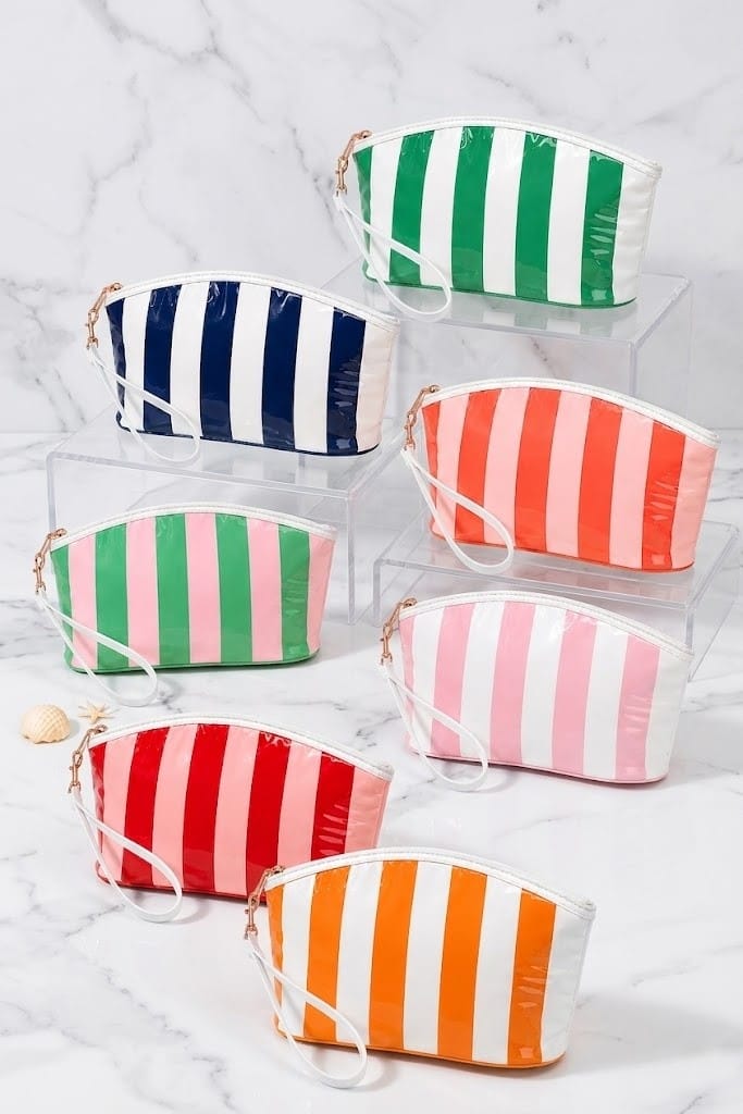 TG10907 Sylvia Stripe Glossy Makeup Bag with Wrist Strap - MiMi Wholesale