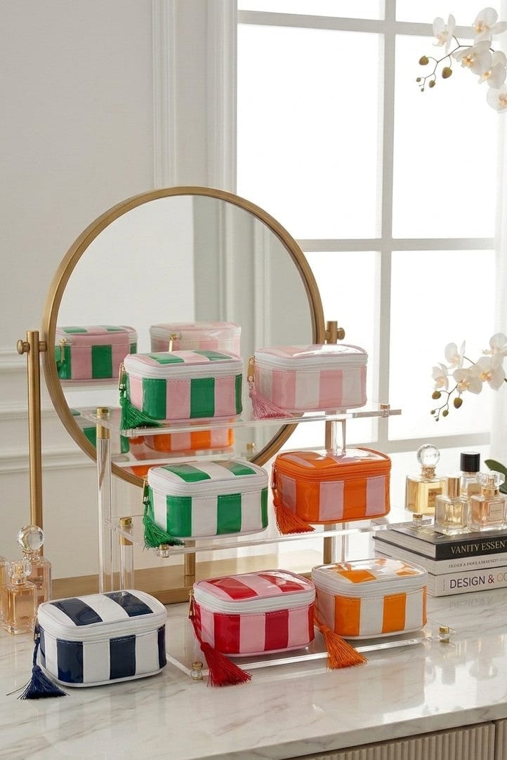 TG10909 Caroline Stripe Clear Coated Travel Jewelry Case - MiMi Wholesale