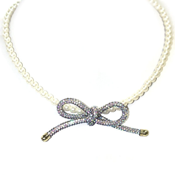 TN9215 Rhinestone Ribbon Pearl Strand Necklace - MiMi Wholesale