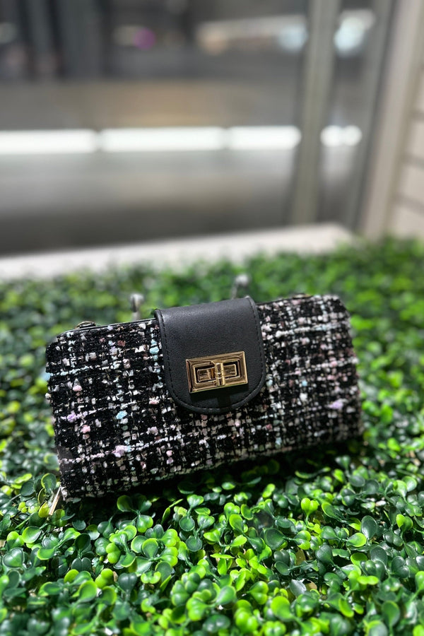 TW041 Tweed Turn Lock Crossbody Wallet - MiMi Wholesale