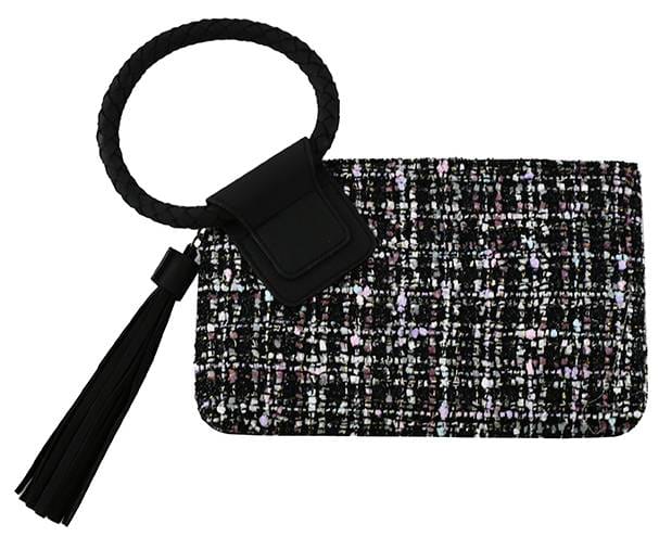 TW204 Tweed Cuff Handle Tassel Wristlet/Clutch - MiMi Wholesale