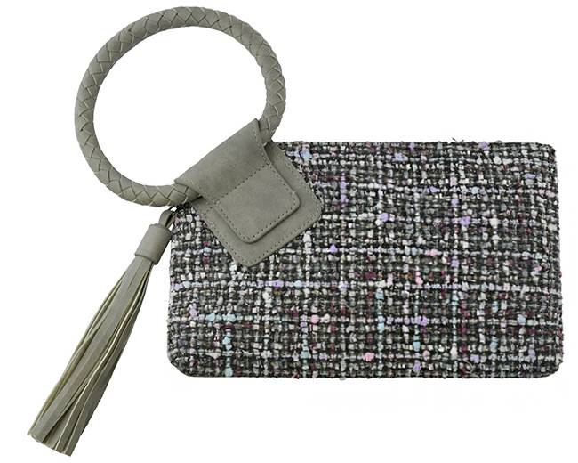 TW204 Tweed Cuff Handle Tassel Wristlet/Clutch - MiMi Wholesale