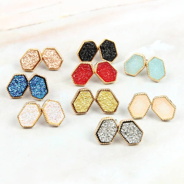 VE2334 Peggy Druzy Hexagon Post Earrings - MiMi Wholesale