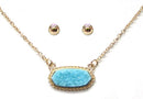 VNE0616 Eloise Druzy Oval Pendant Necklace & Earrings Set - MiMi Wholesale