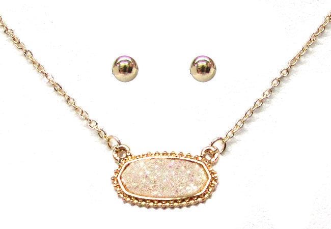 VNE0616 Eloise Druzy Oval Pendant Necklace & Earrings Set - MiMi Wholesale