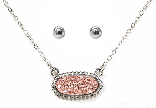 VNE0616 Eloise Druzy Oval Pendant Necklace & Earrings Set - MiMi Wholesale