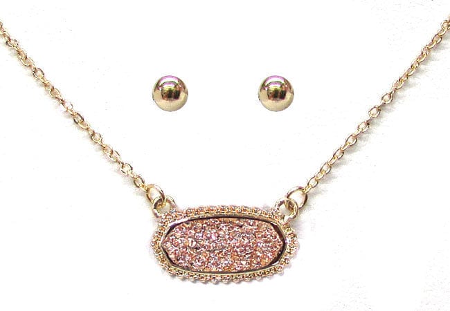 VNE0616 Eloise Druzy Oval Pendant Necklace & Earrings Set - MiMi Wholesale