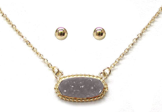 VNE0616 Eloise Druzy Oval Pendant Necklace & Earrings Set - MiMi Wholesale