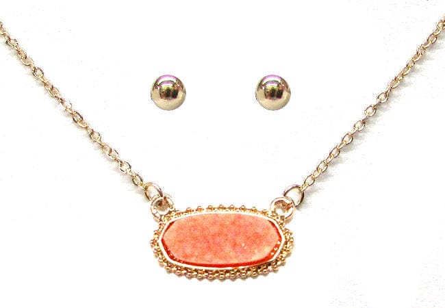 VNE0616 Eloise Druzy Oval Pendant Necklace & Earrings Set - MiMi Wholesale