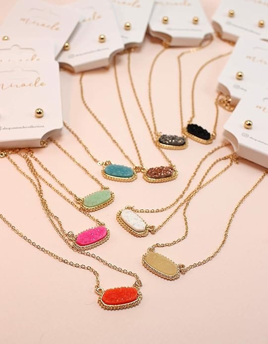 VNE0616 Eloise Druzy Oval Pendant Necklace & Earrings Set - MiMi Wholesale