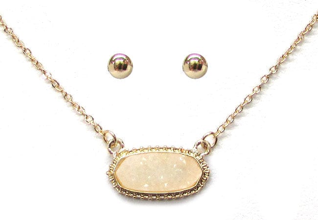 VNE0616 Eloise Druzy Oval Pendant Necklace & Earrings Set - MiMi Wholesale