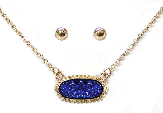 VNE0616 Eloise Druzy Oval Pendant Necklace & Earrings Set - MiMi Wholesale