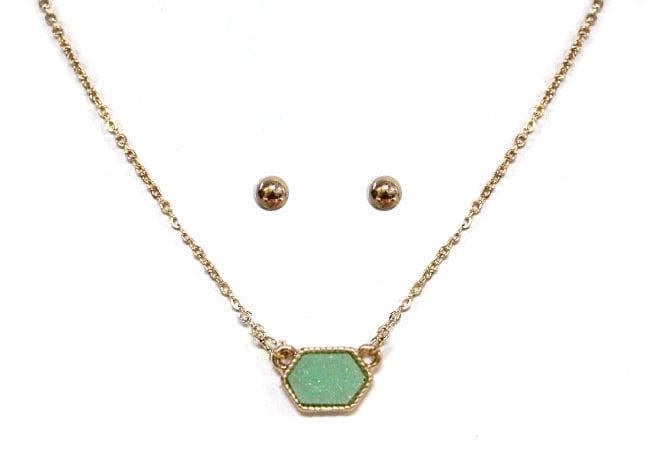 VNE0851 Sally Druzy Hexagon Pendant Necklace & Earrings Set - MiMi Wholesale