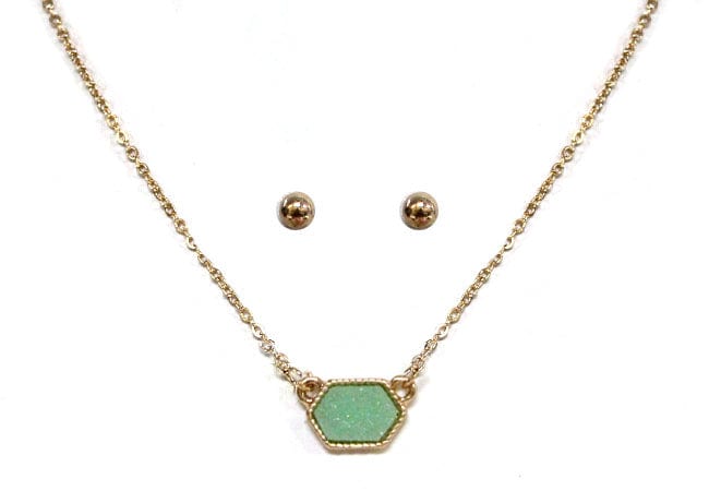 VNE0851 Sally Druzy Hexagon Pendant Necklace & Earrings Set - MiMi Wholesale