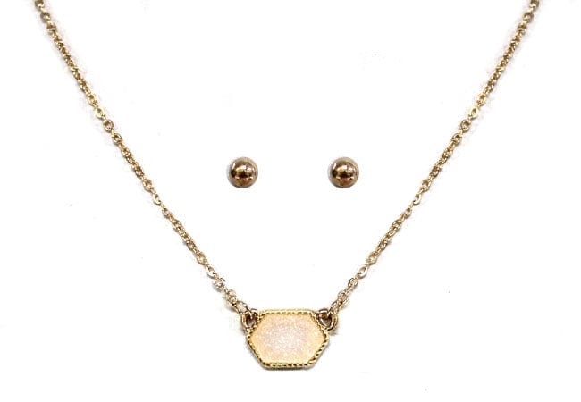 VNE0851 Sally Druzy Hexagon Pendant Necklace & Earrings Set - MiMi Wholesale