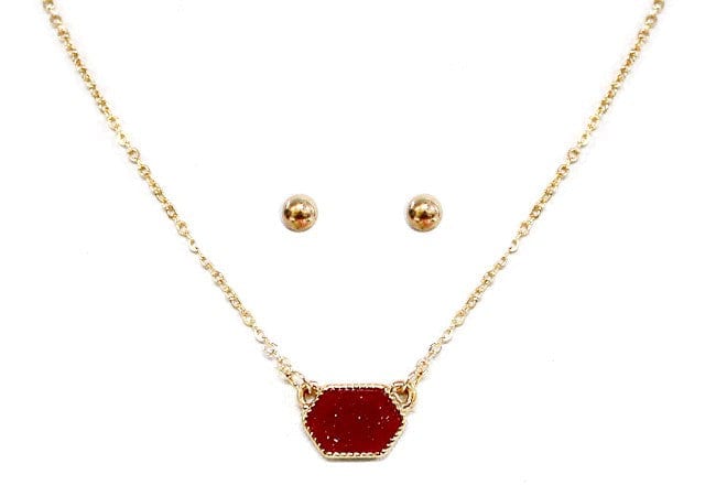 VNE0851 Sally Druzy Hexagon Pendant Necklace & Earrings Set - MiMi Wholesale