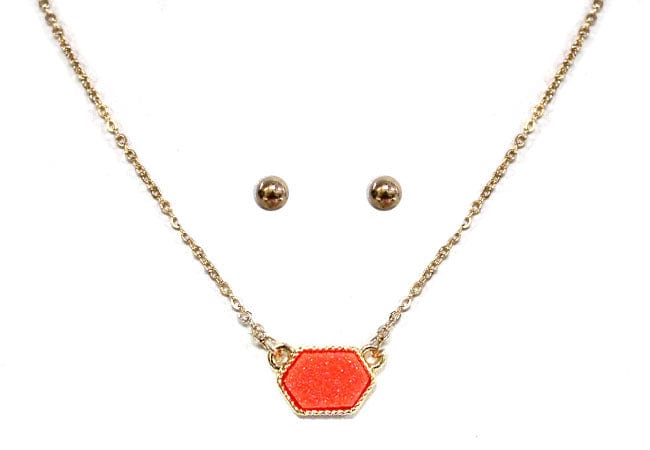 VNE0851 Sally Druzy Hexagon Pendant Necklace & Earrings Set - MiMi Wholesale