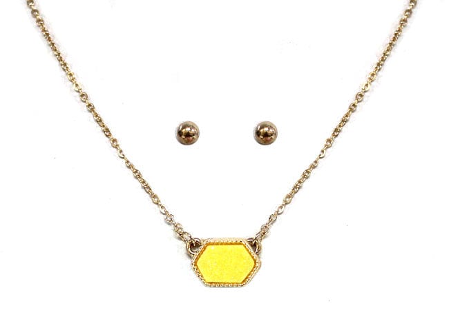 VNE0851 Sally Druzy Hexagon Pendant Necklace & Earrings Set - MiMi Wholesale