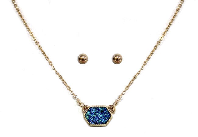 VNE0851 Sally Druzy Hexagon Pendant Necklace & Earrings Set - MiMi Wholesale