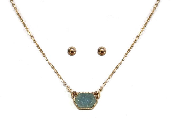 VNE0851 Sally Druzy Hexagon Pendant Necklace & Earrings Set - MiMi Wholesale