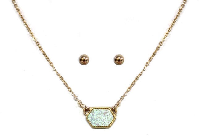 VNE0851 Sally Druzy Hexagon Pendant Necklace & Earrings Set - MiMi Wholesale